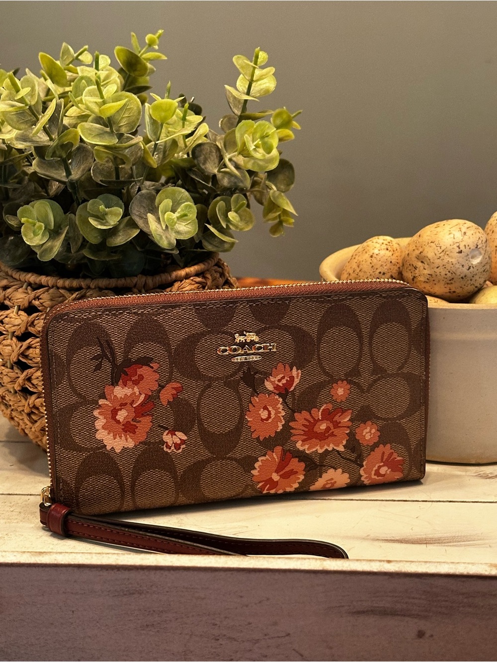 Coach Khaki Signature Wallet with Coral Floral Print